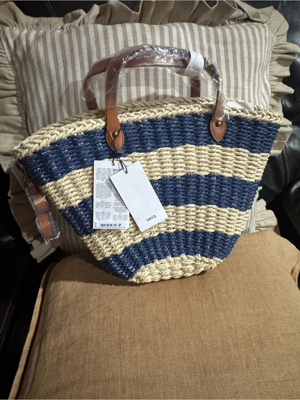 Mango Navy and Natural Straw Stripe Tote with Leather Handles - Picture 2 of 2